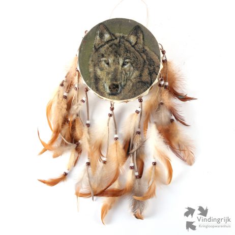 dreamcatcher dromenvanger trommel wolf veren leer indianen