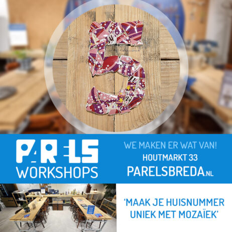 Parels workshop huisnummer mozaïek hergebruik upcycling circulair Breda