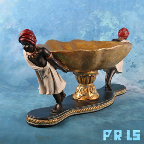 blackamoor schaal vintage decoratie kunstobject centerpiece koloniale stijl oriëntaals klassiek interieur ornament goudkleurig Afrikaans Moors Moren fruitschaal