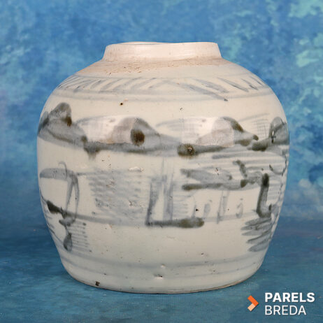 antieke Chinese pot Qing dynastie 19e eeuw blauw wit porselein handbeschilderd landschap water bergen vaartuigen bodemmerk Chinese voorraadpot