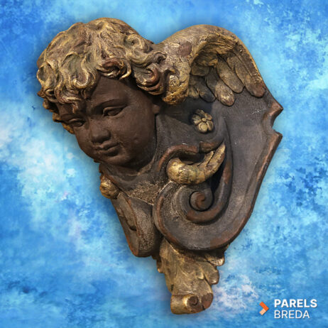 PTMD hangende engel wandornament cherub engelhoofd vleugels wanddecoratie barok rococo glasvezel goudkleurige afwerking