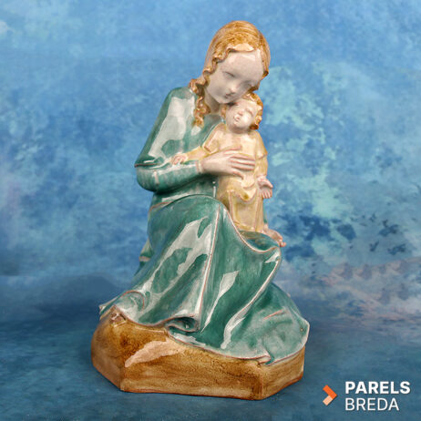 Peter Scharwitz Madonna met Kind Velten Vordamm art deco keramiek religieuze kunst Maria Jezus gesigneerd aardewerk beeld craquelé