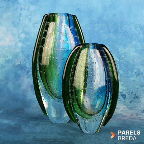 STAR Julien Macdonald glazen vazen set designvaas kunstglas luchtbellen blauw groen glasobject vaas
